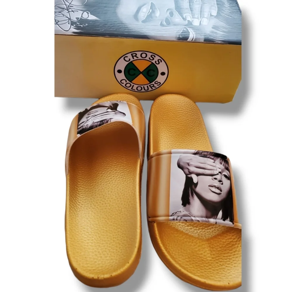 Cross Colours Gold 90s Hip Hop Lisa "Left Eye" Lopes Legacy Slides NWT NIB - Picture 4 of 9